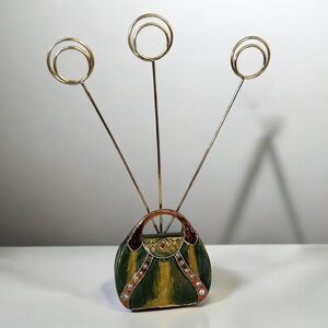 Vintage 8" Enameled Jeweled Gold Bag Purse Photo Card Holder Paperweight Decor